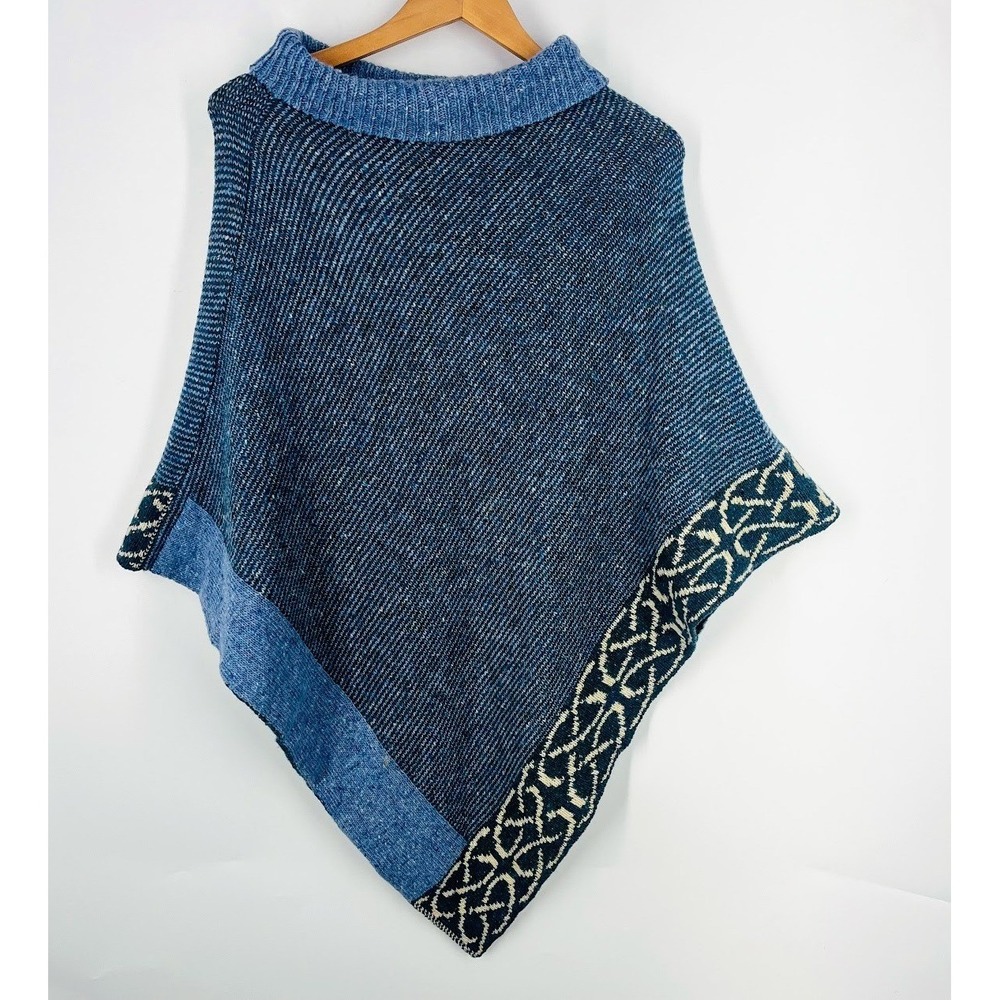 Bill Baber Handmade Scotland Blue Tweed Celtic Knot Asymmetrical Knit Poncho